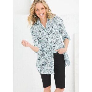 Chico's Aqua and Navy Blue No Iron Tunic Blouse